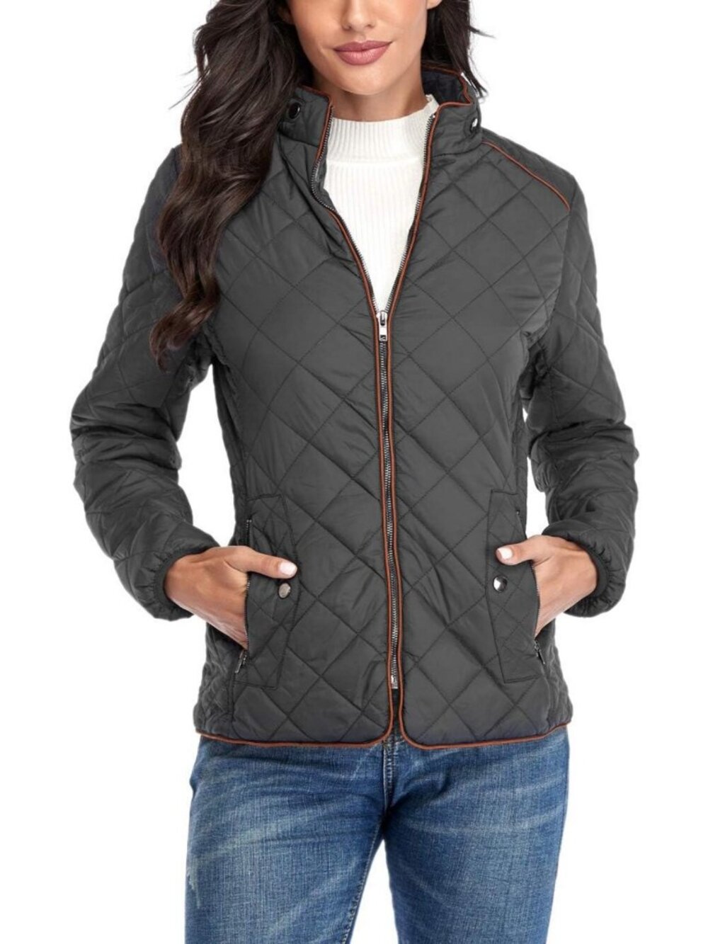 Lightweight Quilted Winter Jacket for Women, Stand Collar, Zip Closure, 2